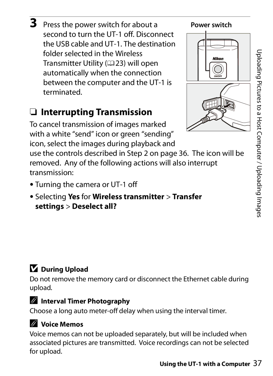 Nikon UT-1 user manual During Upload, Interval Timer Photography, Voice Memos 