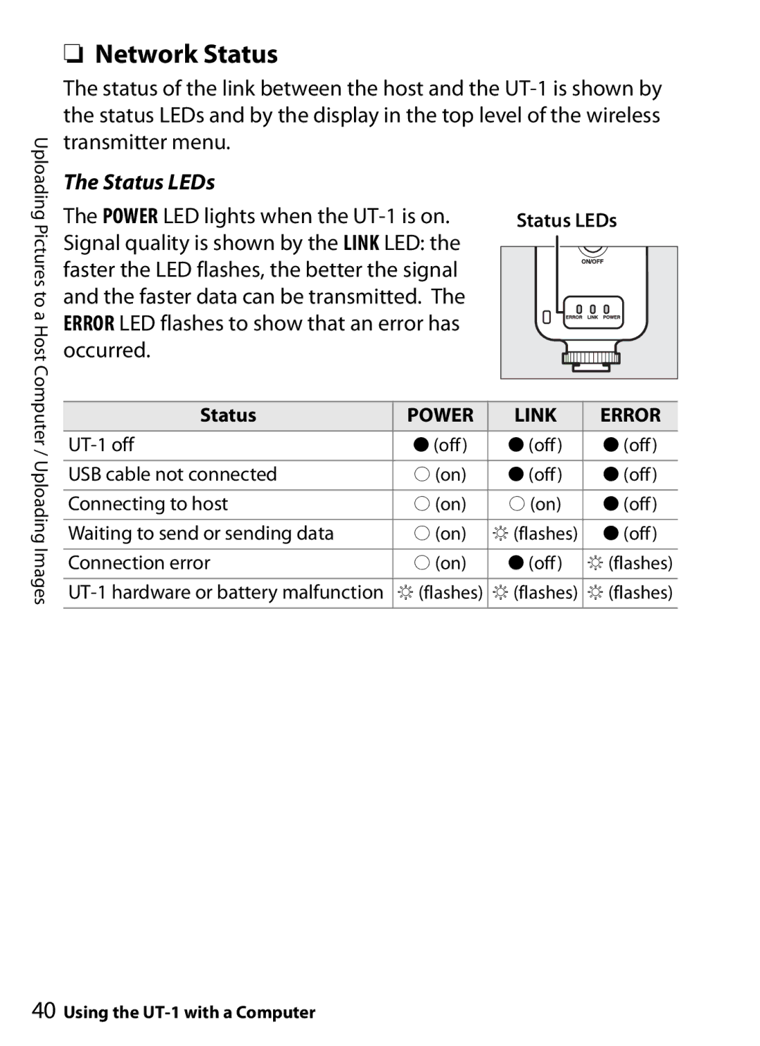 Nikon UT-1 user manual Status LEDs 