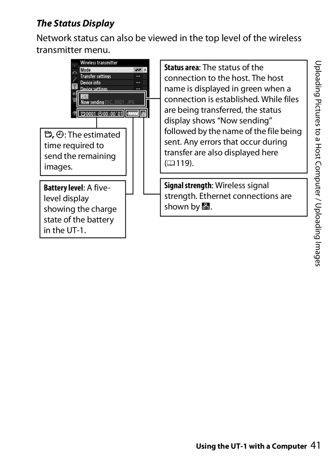 Nikon UT-1 user manual Status Display, Battery level a five 