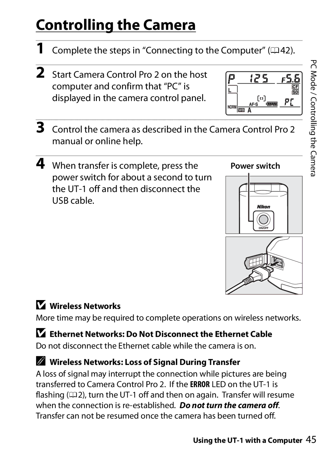 Nikon UT-1 user manual Controlling the Camera, Wireless Networks Loss of Signal During Transfer 