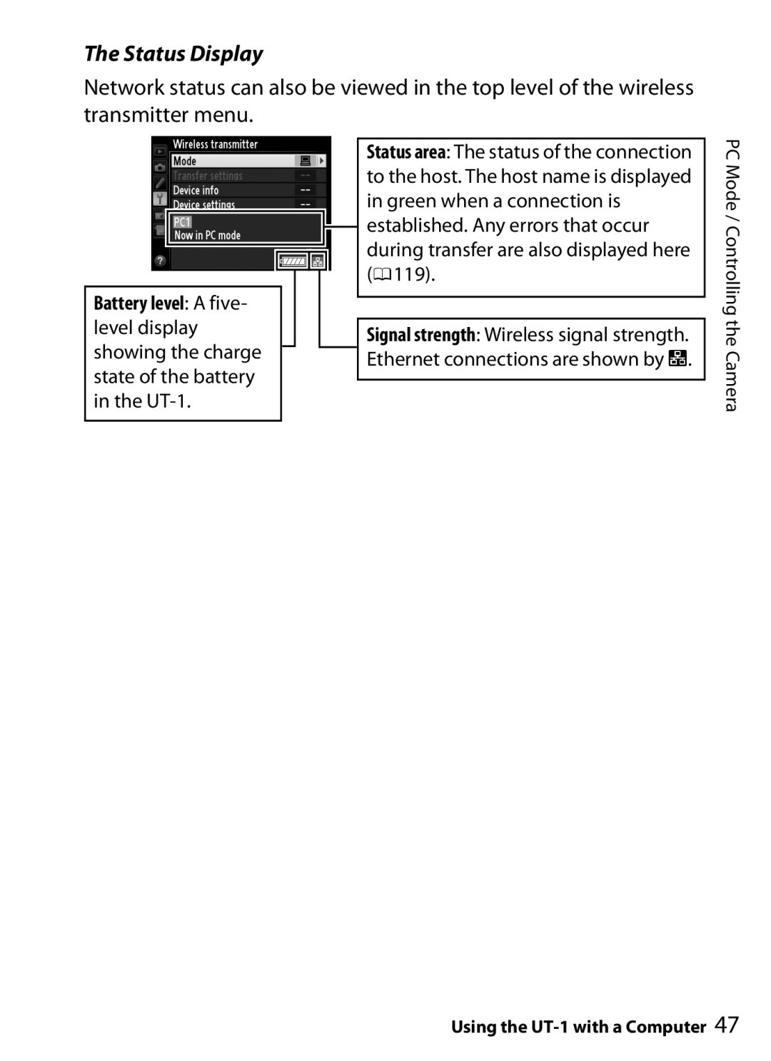 Nikon UT-1 user manual Status Display 