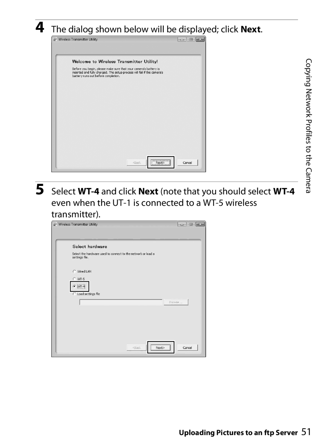 Nikon UT-1 user manual Copying Network Profiles to the Camera 