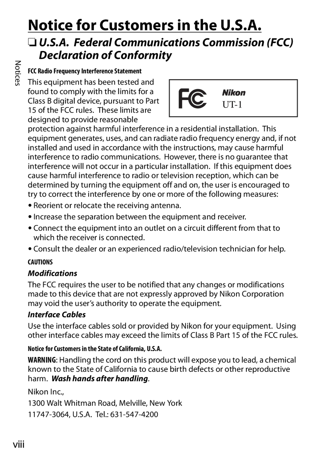 Nikon UT-1 user manual Viii 