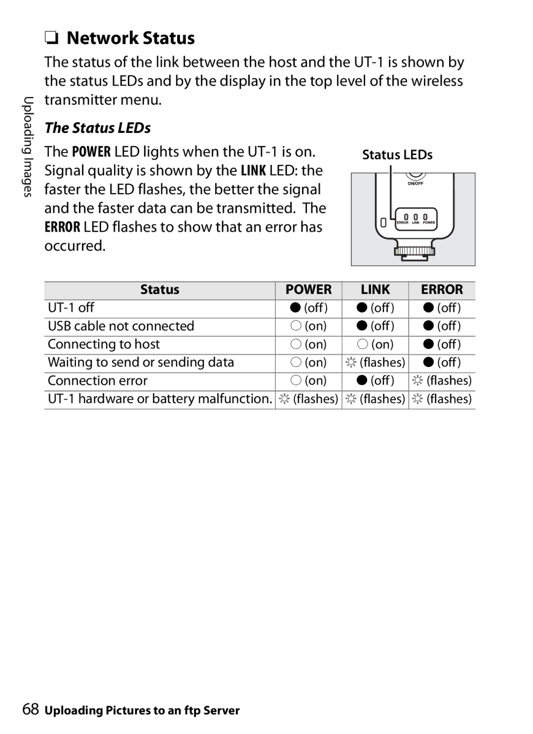 Nikon user manual Power LED lights when the UT-1 is on 