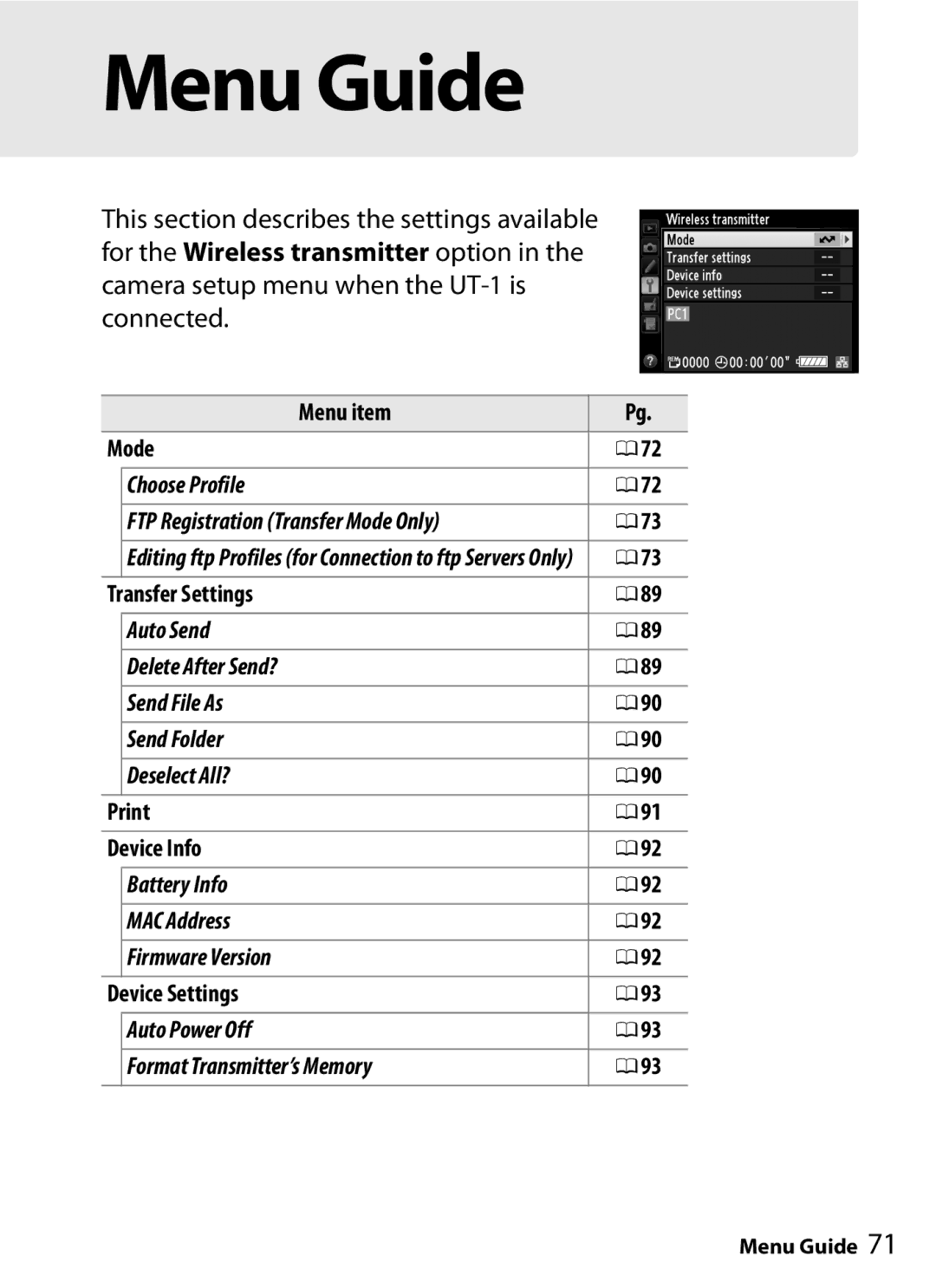 Nikon UT-1 user manual Menu item Mode, Transfer Settings, Print Device Info, Device Settings 