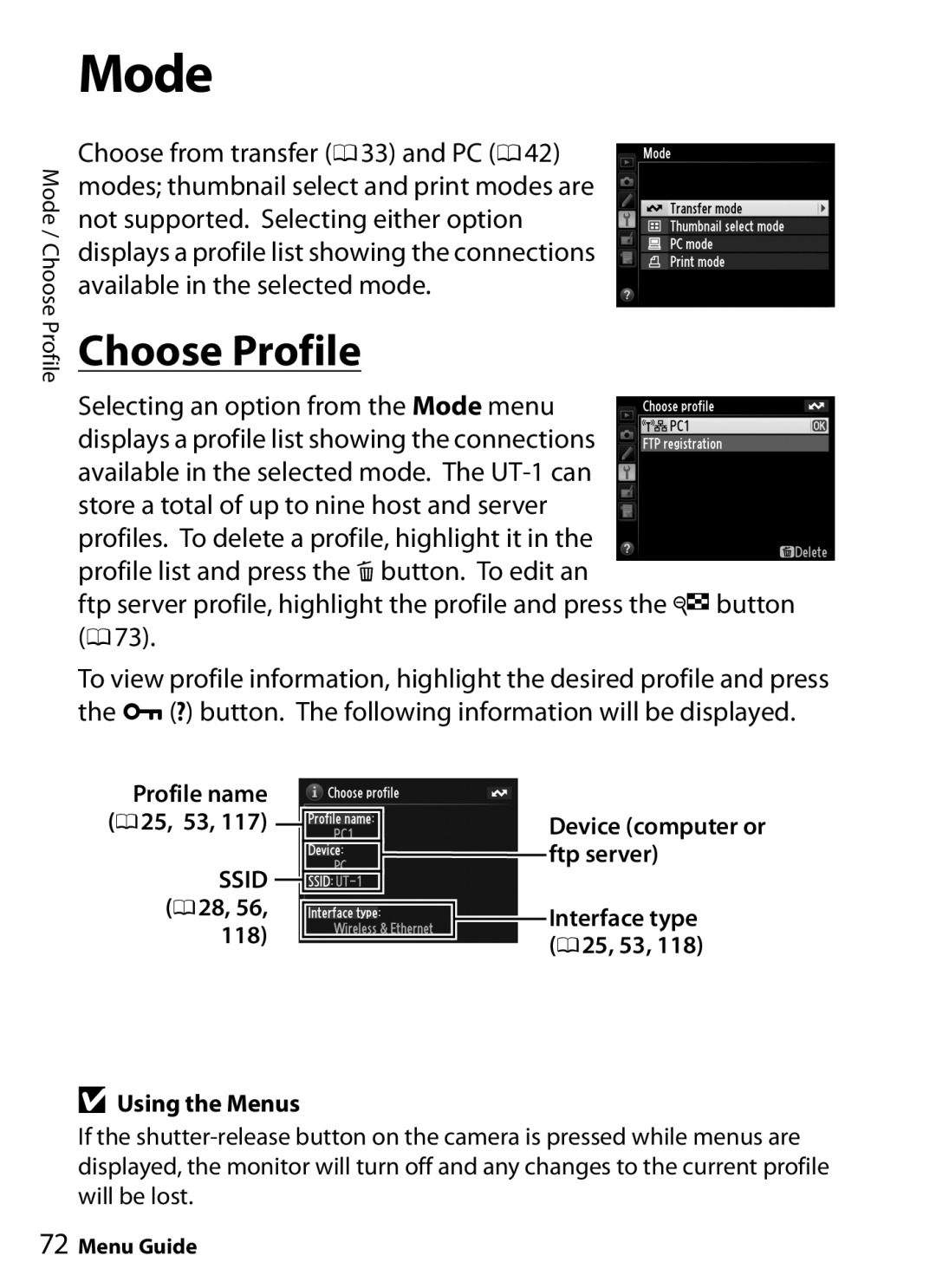 Nikon UT-1 user manual Mode, Choose Profile 