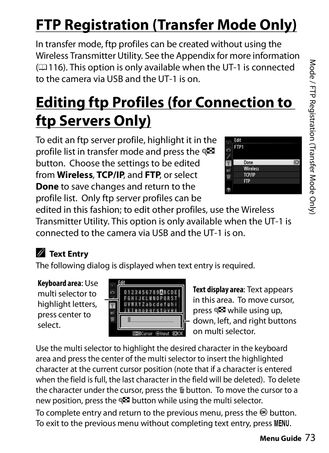 Nikon UT-1 user manual Editing ftp Profiles for Connection to ftp Servers Only, Text Entry 