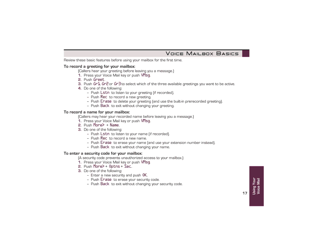 Nikon UX5000 manual Voice Mailbox Basics, To record a greeting for your mailbox, To record a name for your mailbox 