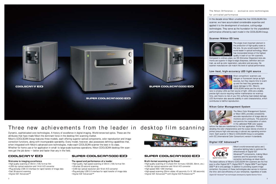 Nikon 9000 ED, V ED manual Three new achievements from the leader in, desktop film scanning, Welcome to imaging excellence 