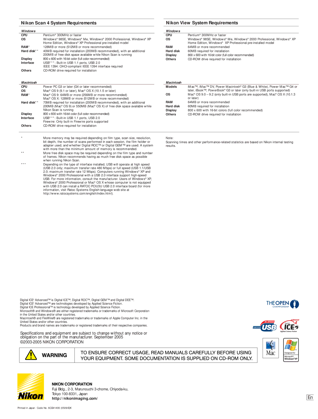 Nikon 5000 ED, V ED, 9000 ED manual Nikon Scan 4 System Requirements, Nikon View System Requirements 