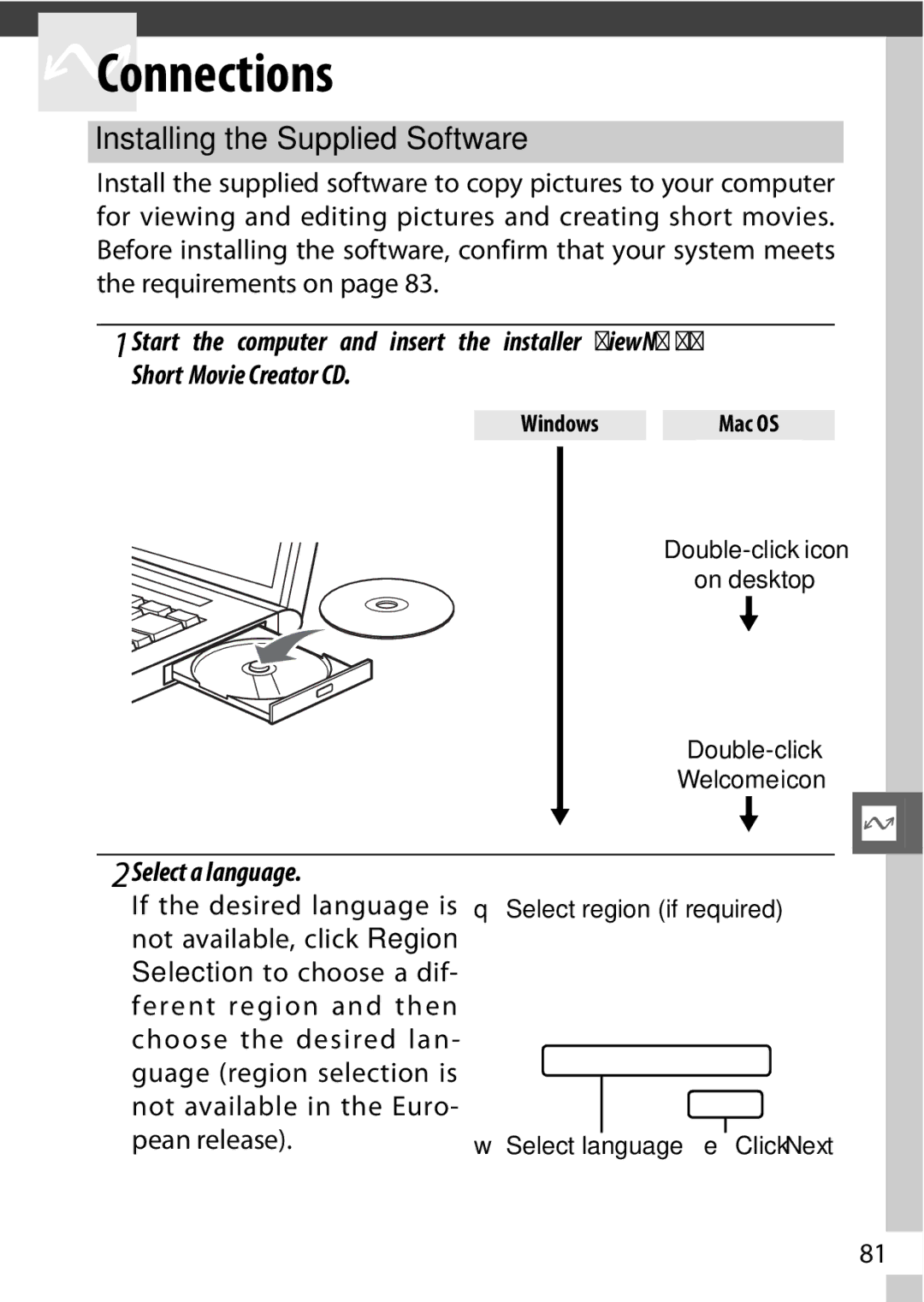 Nikon V1 manual Installing the Supplied Software, Select a language, Windows Mac OS 