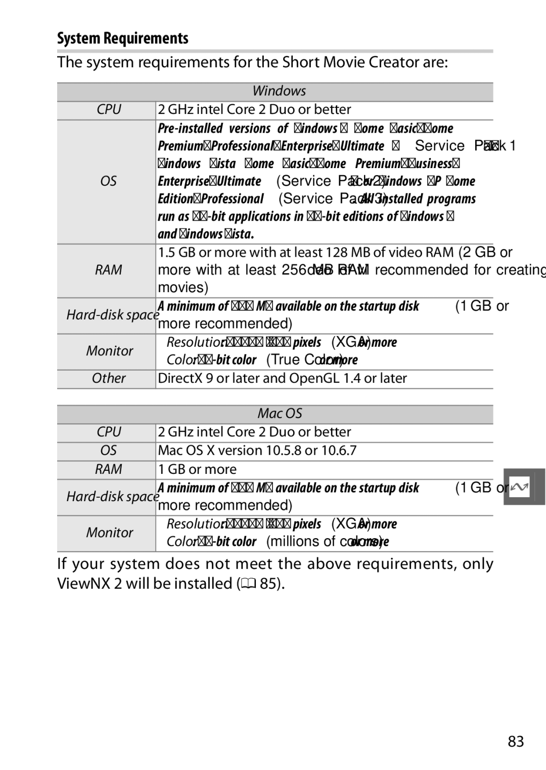 Nikon V1 manual System Requirements, System requirements for the Short Movie Creator are, Windows 