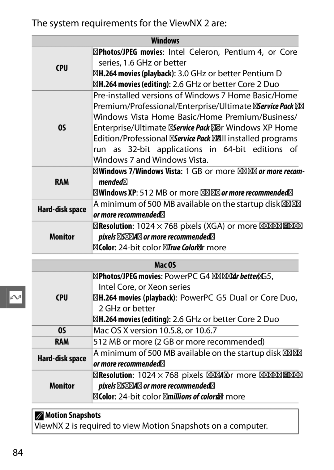 Nikon V1 manual System requirements for the ViewNX 2 are, AMotion Snapshots 