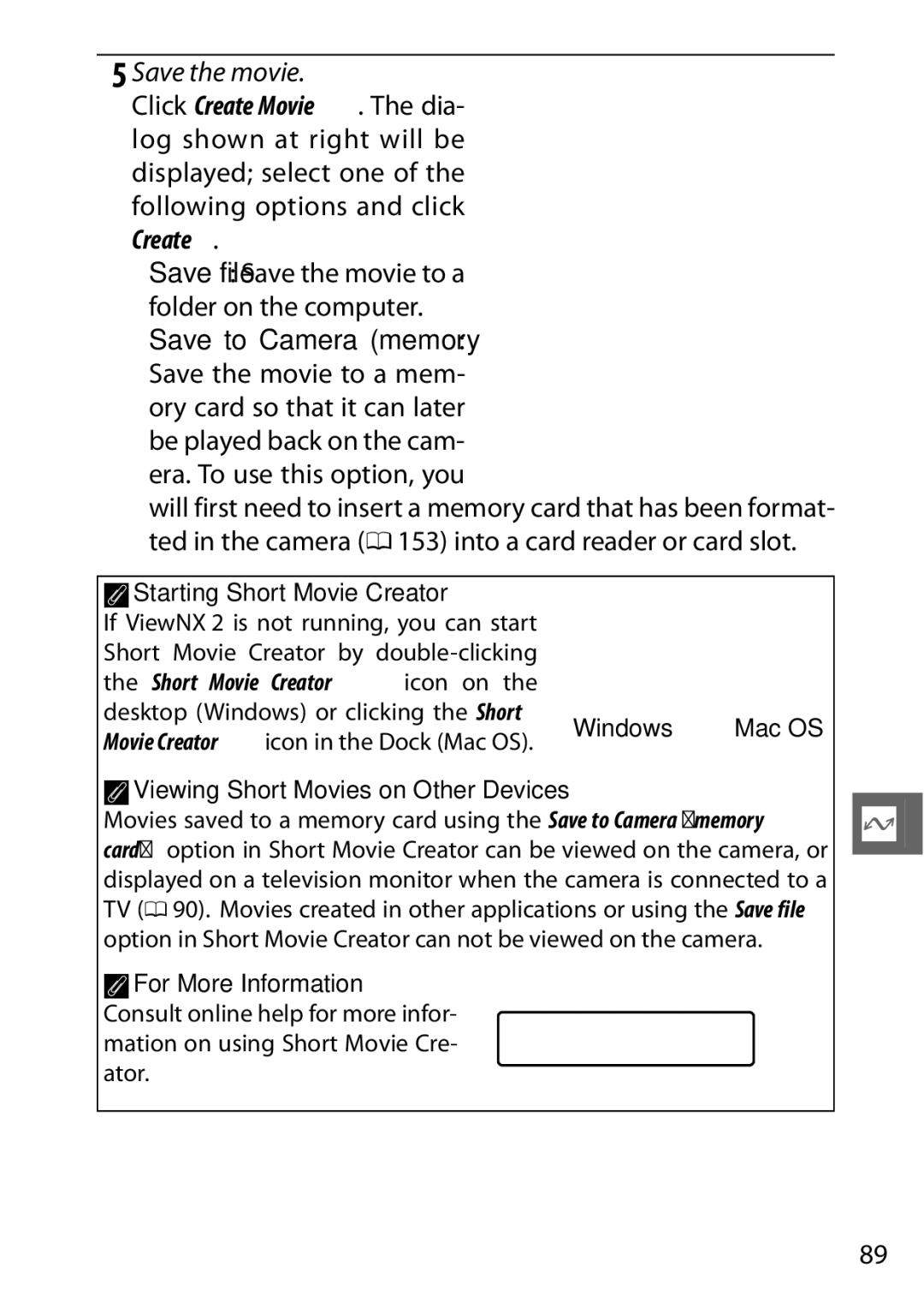 Nikon V1 manual Save the movie, AStarting Short Movie Creator, Short Movie Creator icon on 