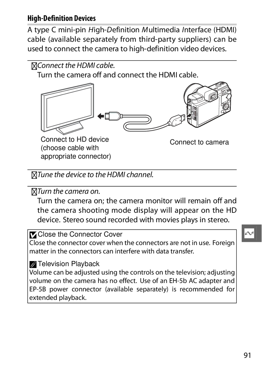 Nikon V1 manual High-Definition Devices, Connect the Hdmi cable, Turn the camera off and connect the Hdmi cable 