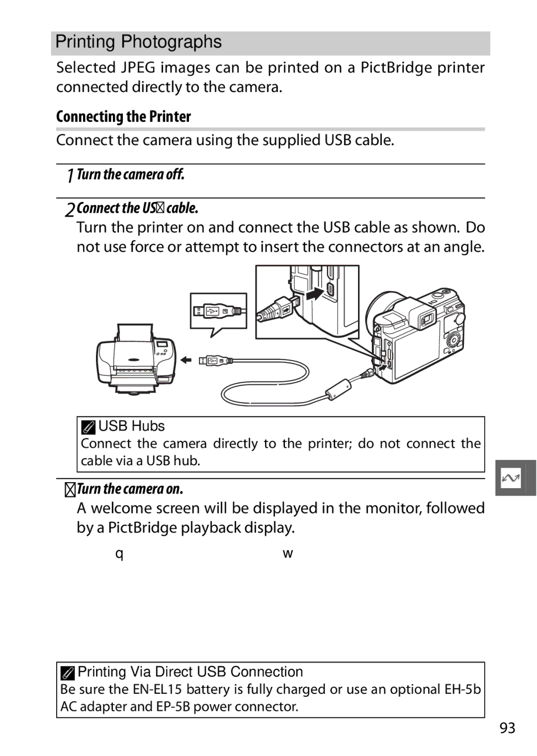 Nikon V1 manual Printing Photographs, Connecting the Printer, Connect the camera using the supplied USB cable 