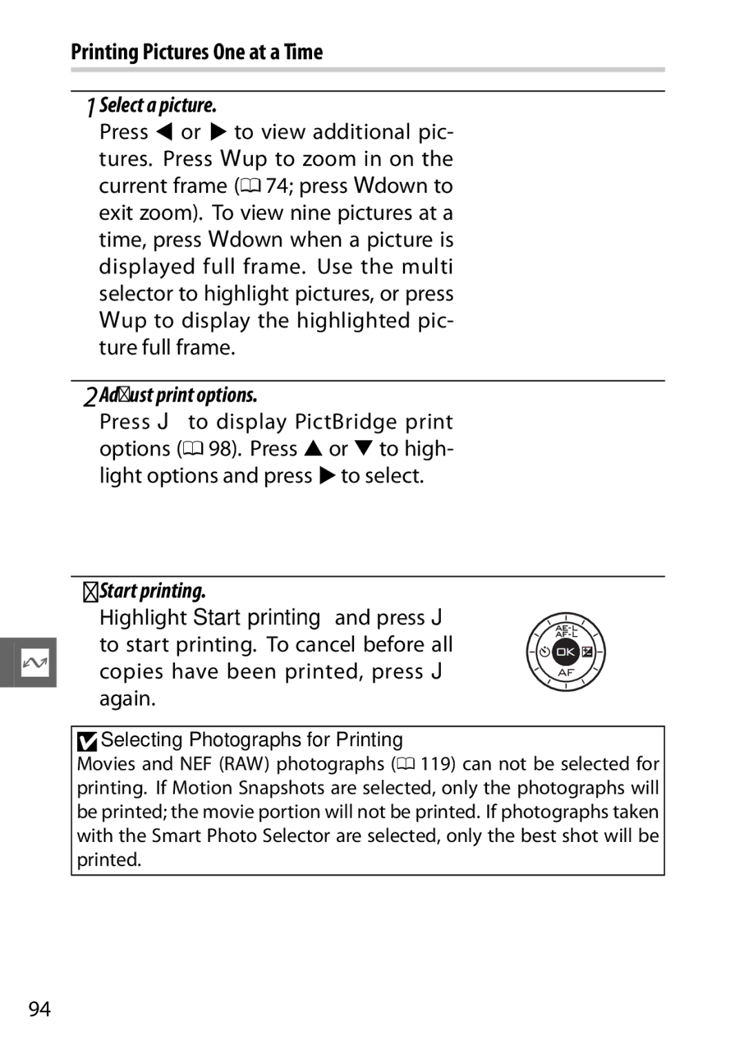 Nikon V1 Printing Pictures One at a Time, Adjust print options, Start printing, Copies have been printed, press J, Again 