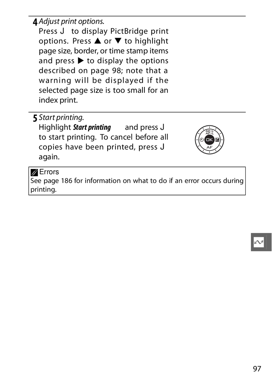 Nikon V1 manual Adjust print options, Errors 