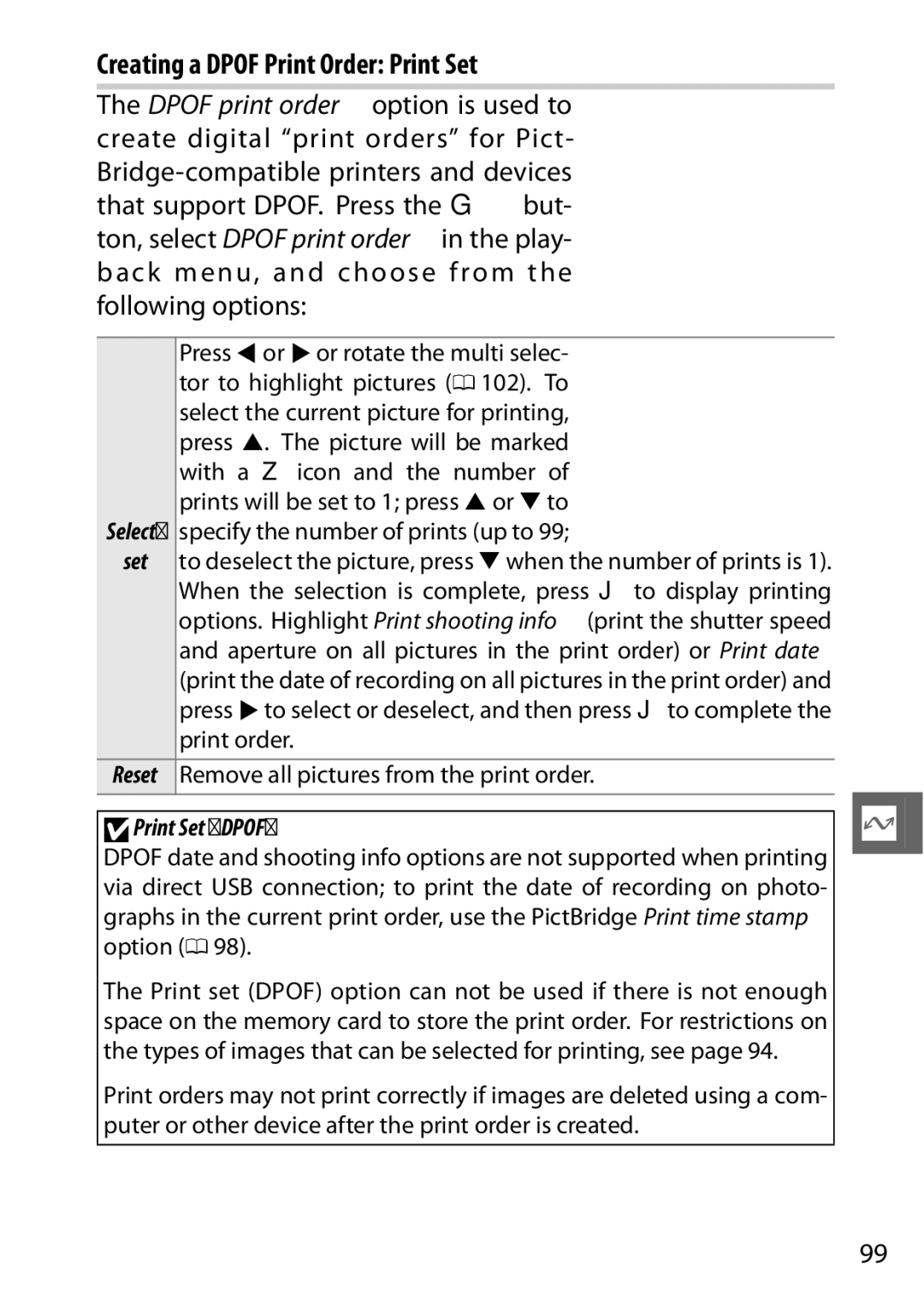 Nikon V1 manual Creating a Dpof Print Order Print Set, DPrint Set Dpof 