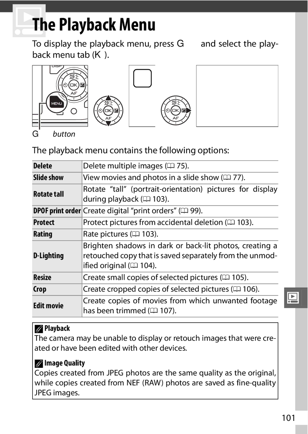 Nikon V1 manual Playback menu contains the following options, 101 