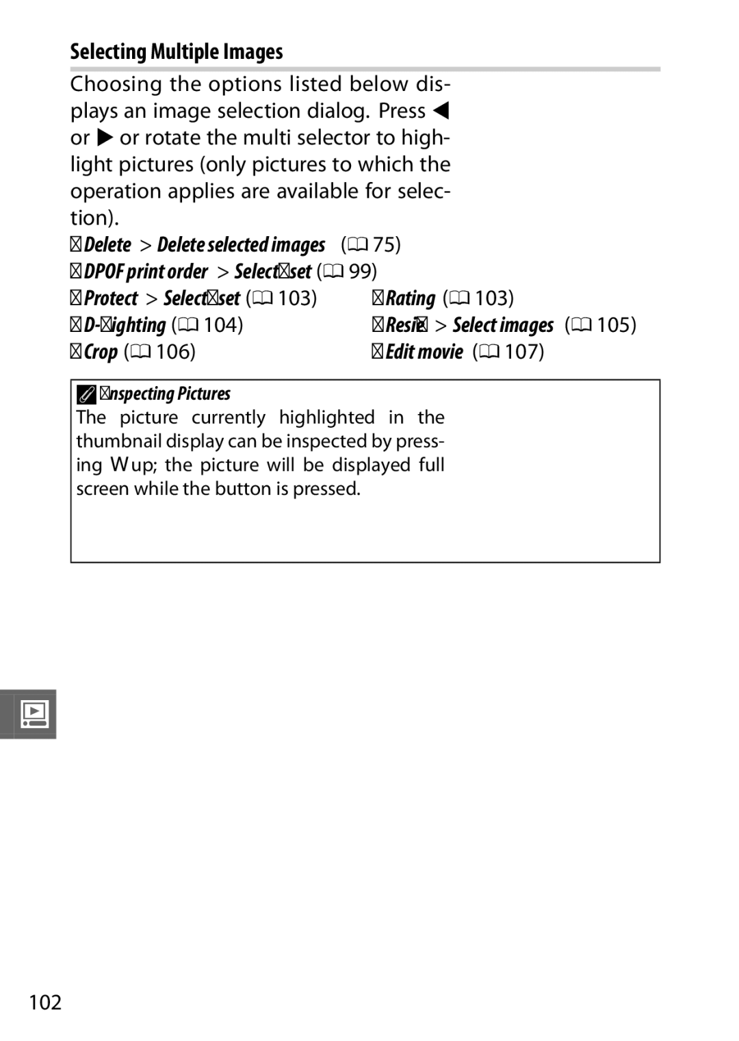 Nikon V1 manual Selecting Multiple Images, Crop 0 Edit movie 0, 102 