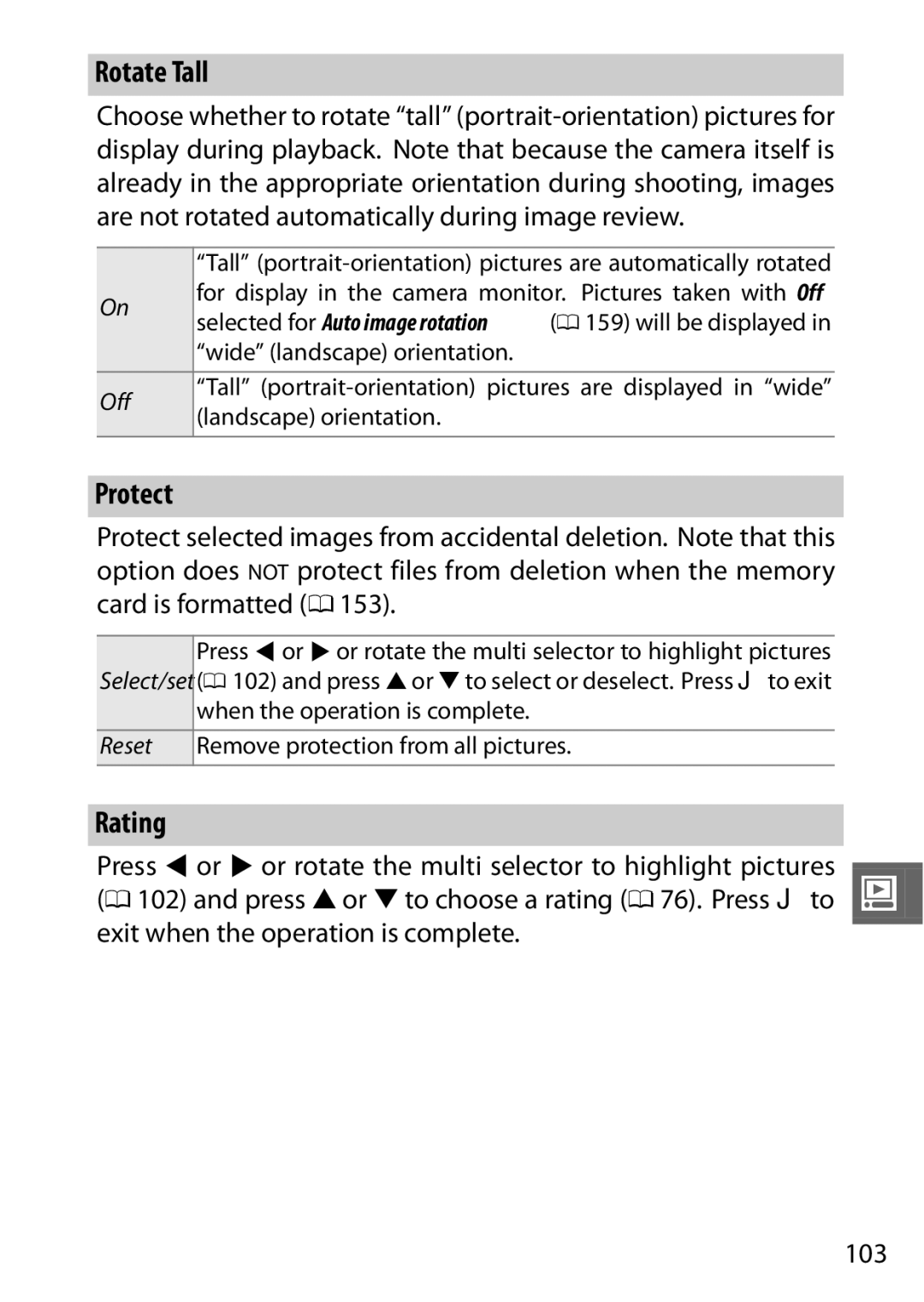 Nikon V1 manual Rotate Tall, Protect, Rating, Reset 