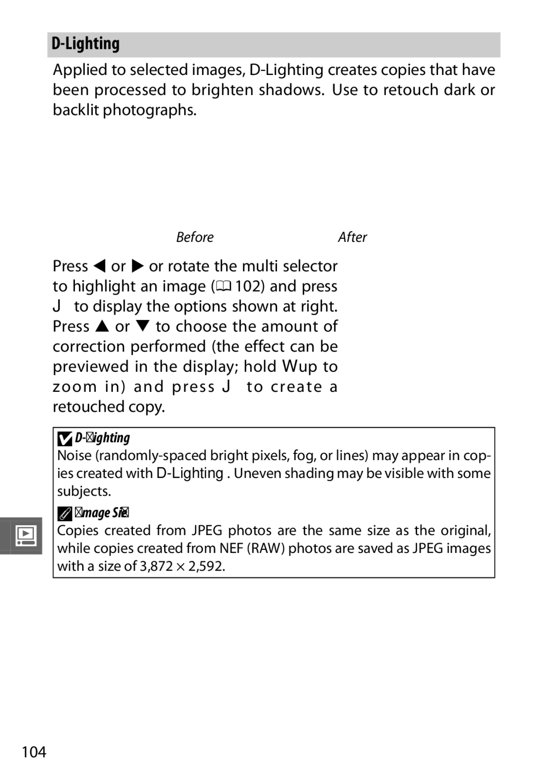 Nikon V1 manual Lighting, 104, AImage Size 