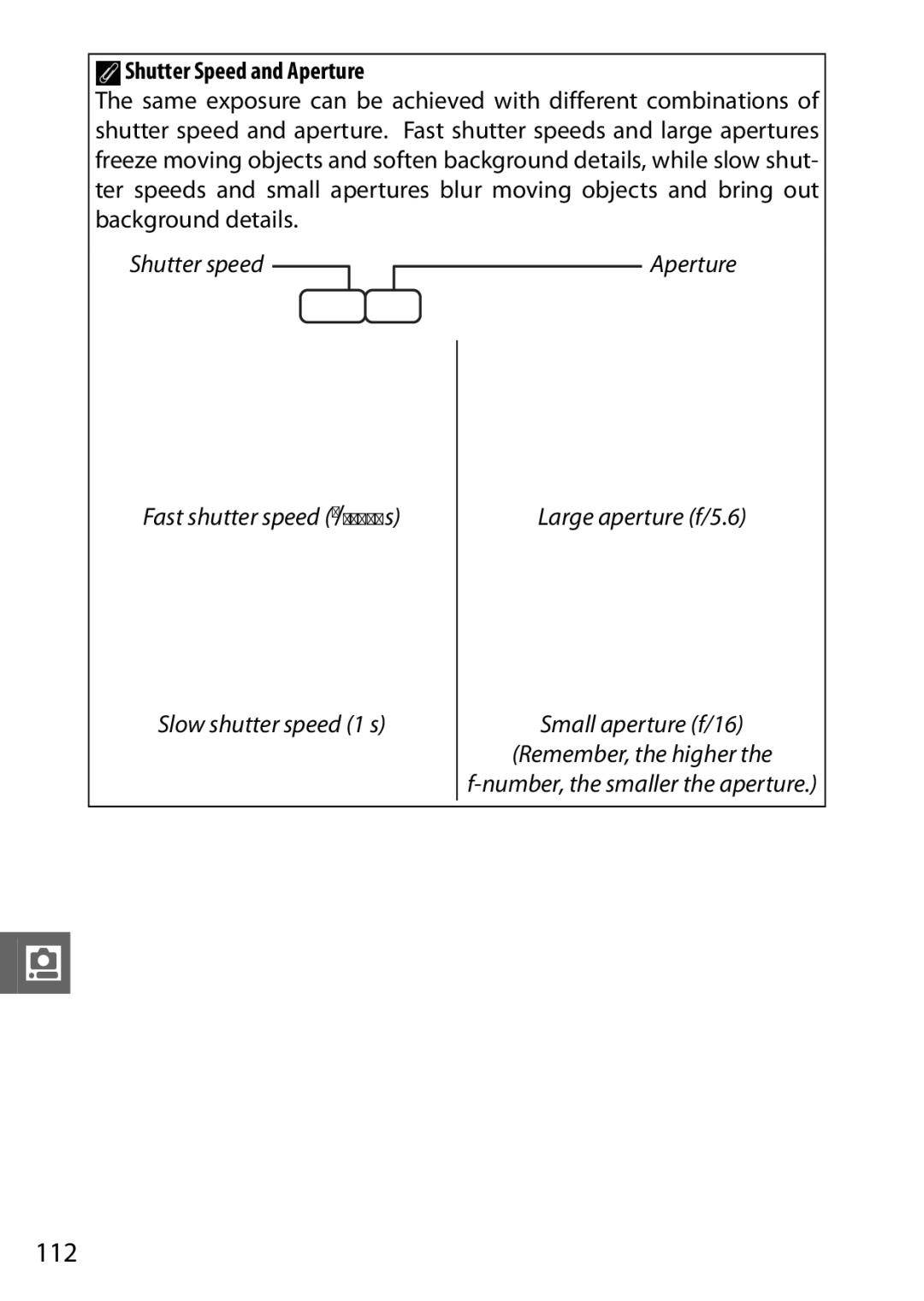 Nikon V1 manual 112, AShutter Speed and Aperture 