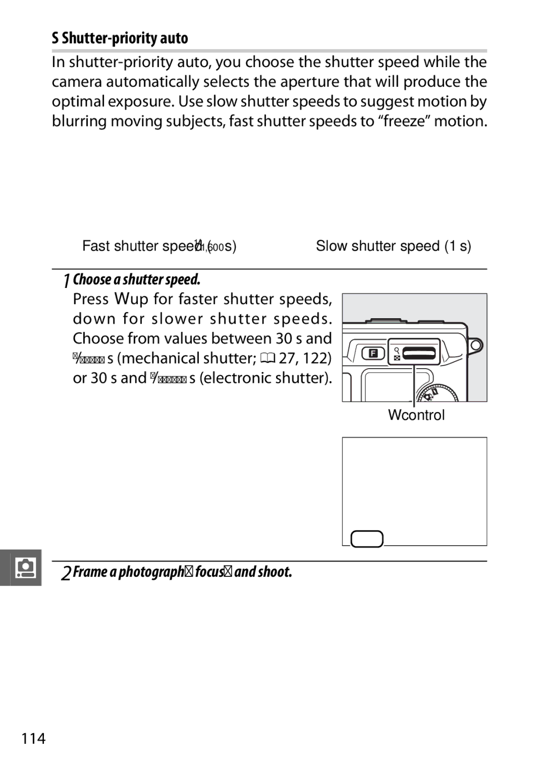 Nikon V1 manual Shutter-priority auto, Choose a shutter speed, 114 