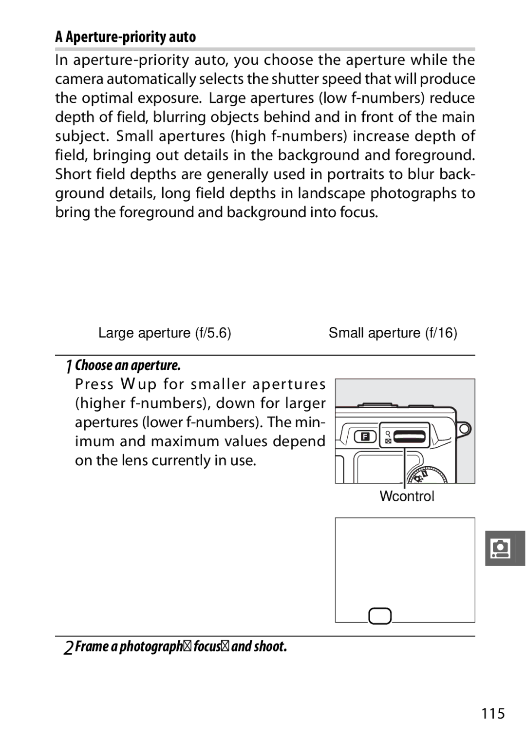 Nikon V1 manual Aperture-priority auto, Choose an aperture, 115 