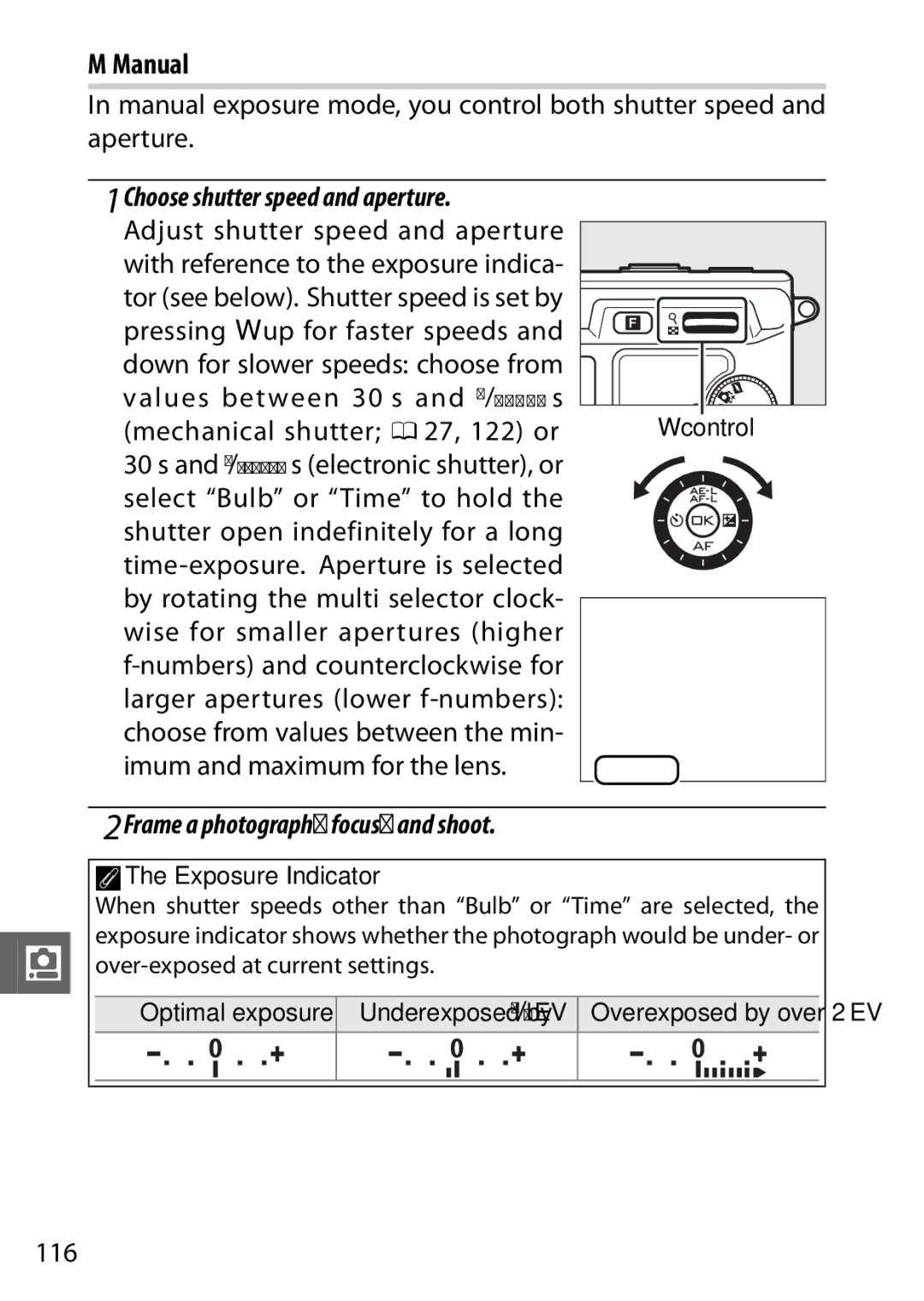 Nikon V1 manual Manual, Choose shutter speed and aperture, Mechanical shutter 0 27, 122 or, 116, AThe Exposure Indicator 