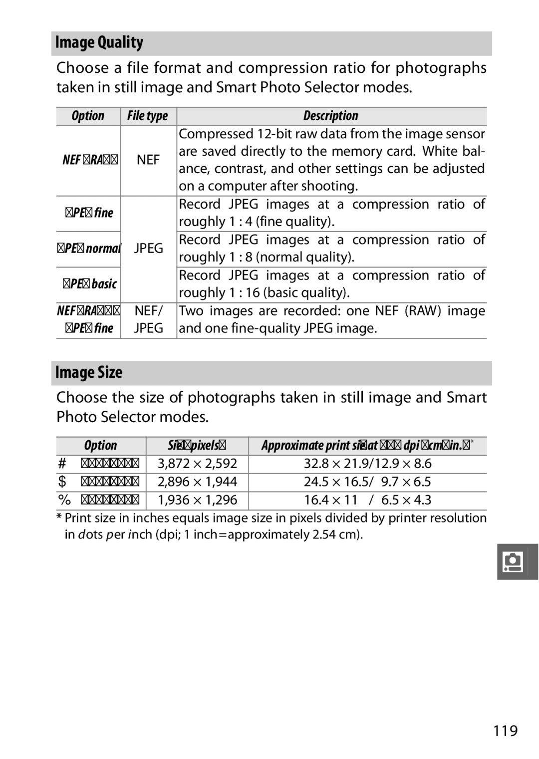 Nikon V1 manual Image Quality, Image Size, 119, Option 