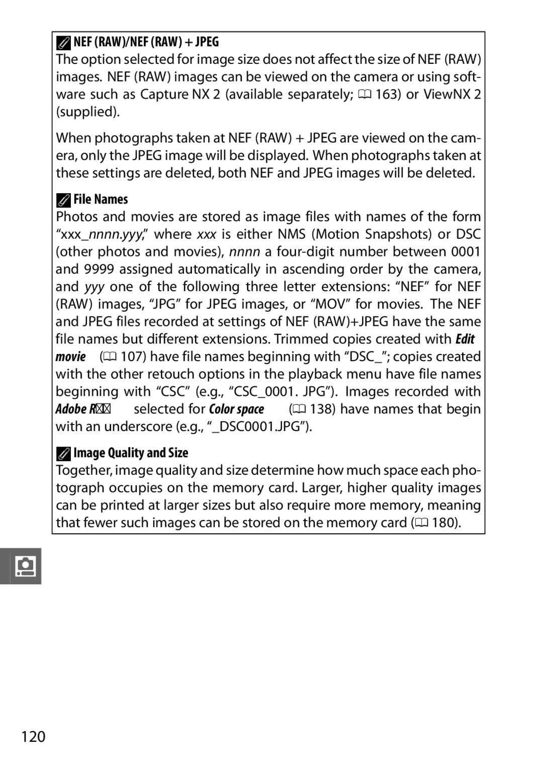 Nikon V1 manual 120, AFile Names, AImage Quality and Size 