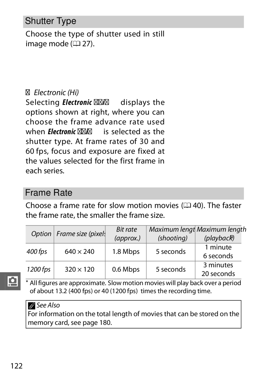 Nikon V1 manual Shutter Type, Frame Rate, Choose the type of shutter used in still image mode 0, Electronic Hi, 122 