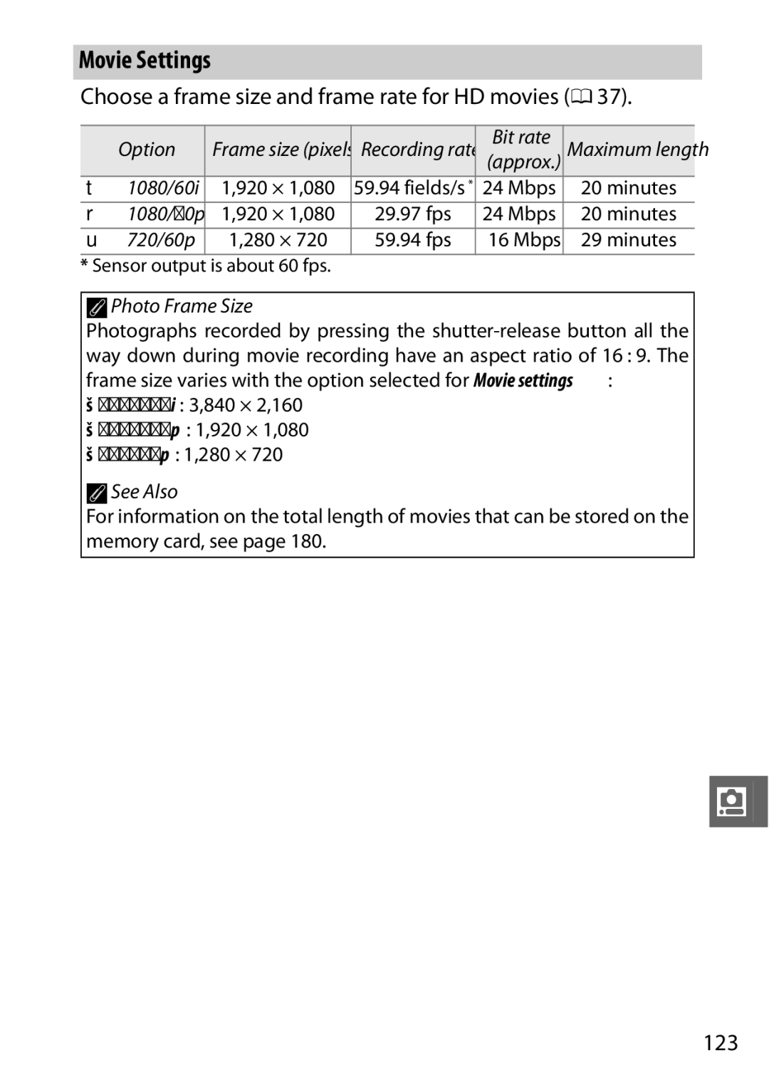 Nikon V1 manual Movie Settings, Choose a frame size and frame rate for HD movies 0, 123 