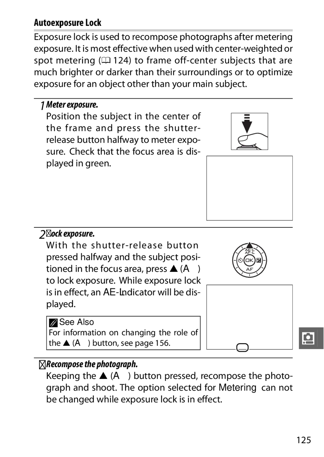 Nikon V1 manual Autoexposure Lock, Meter exposure, Lock exposure, Recompose the photograph, 125 