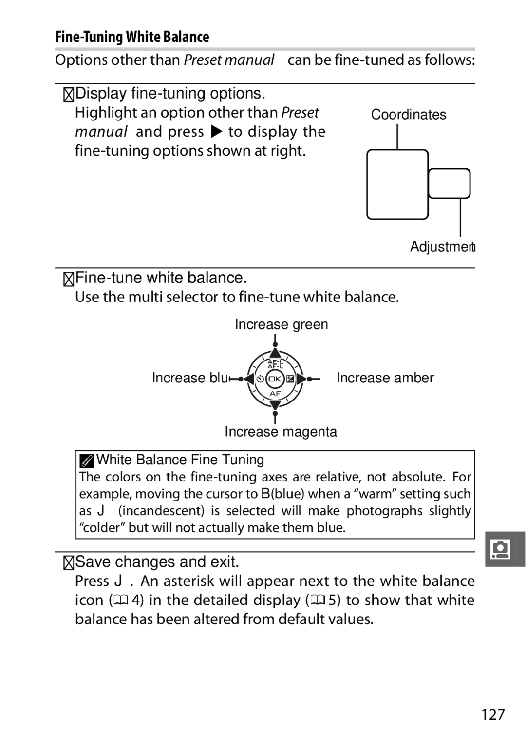 Nikon V1 manual Fine-Tuning White Balance, Display fine-tuning options, Fine-tune white balance, Save changes and exit 