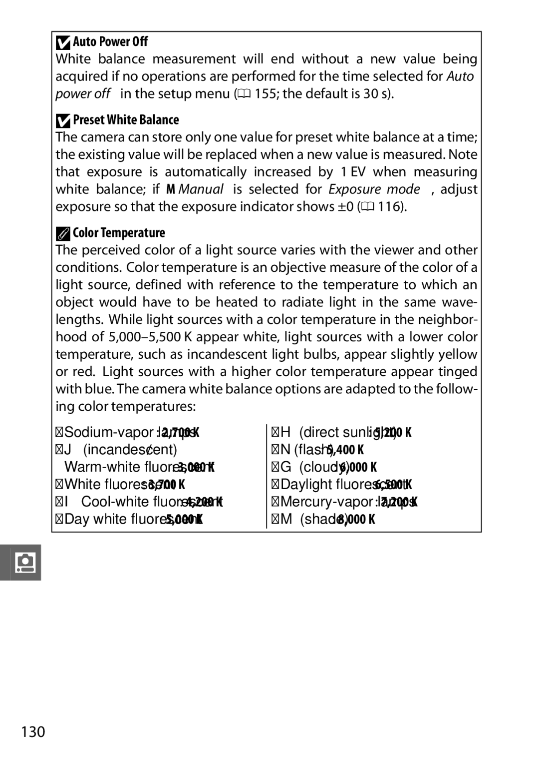 Nikon V1 manual 130, DAuto Power Off, DPreset White Balance, AColor Temperature 