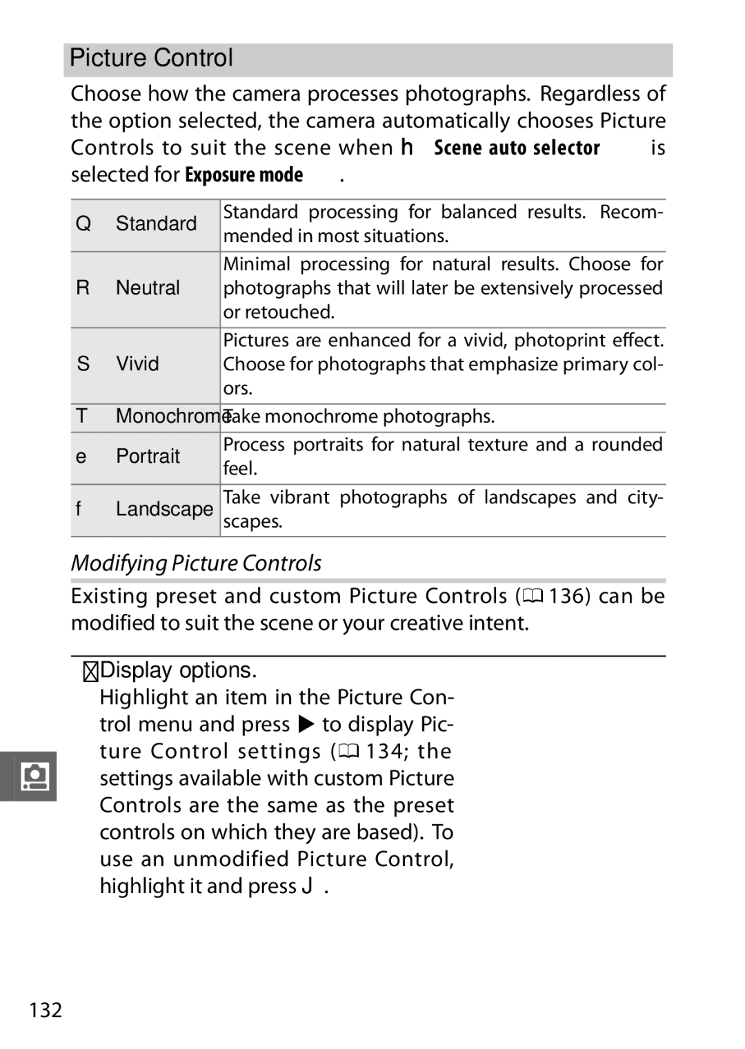 Nikon V1 manual Modifying Picture Controls, Display options, 132 