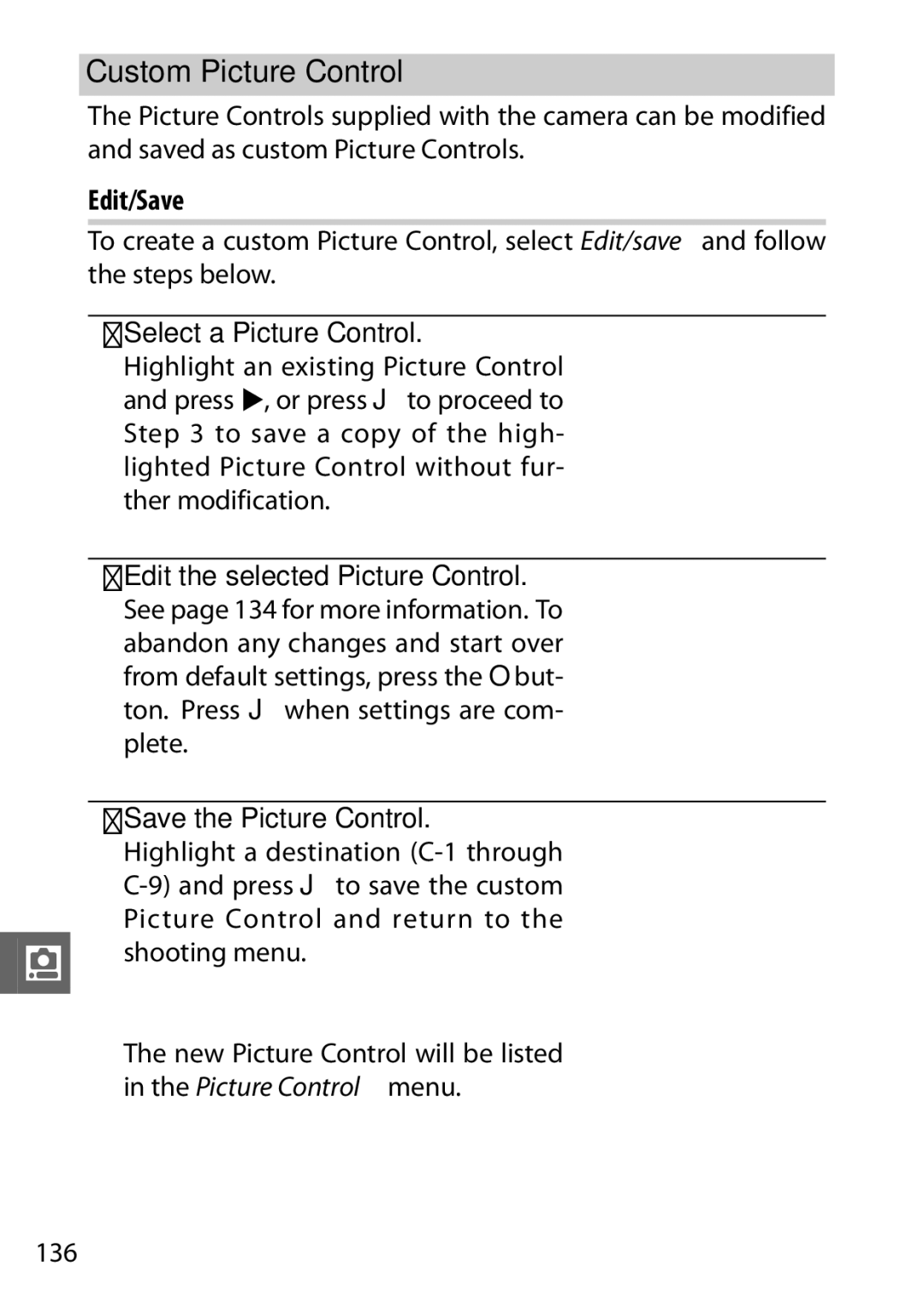 Nikon V1 manual Custom Picture Control, Edit/Save, Select a Picture Control, Edit the selected Picture Control 