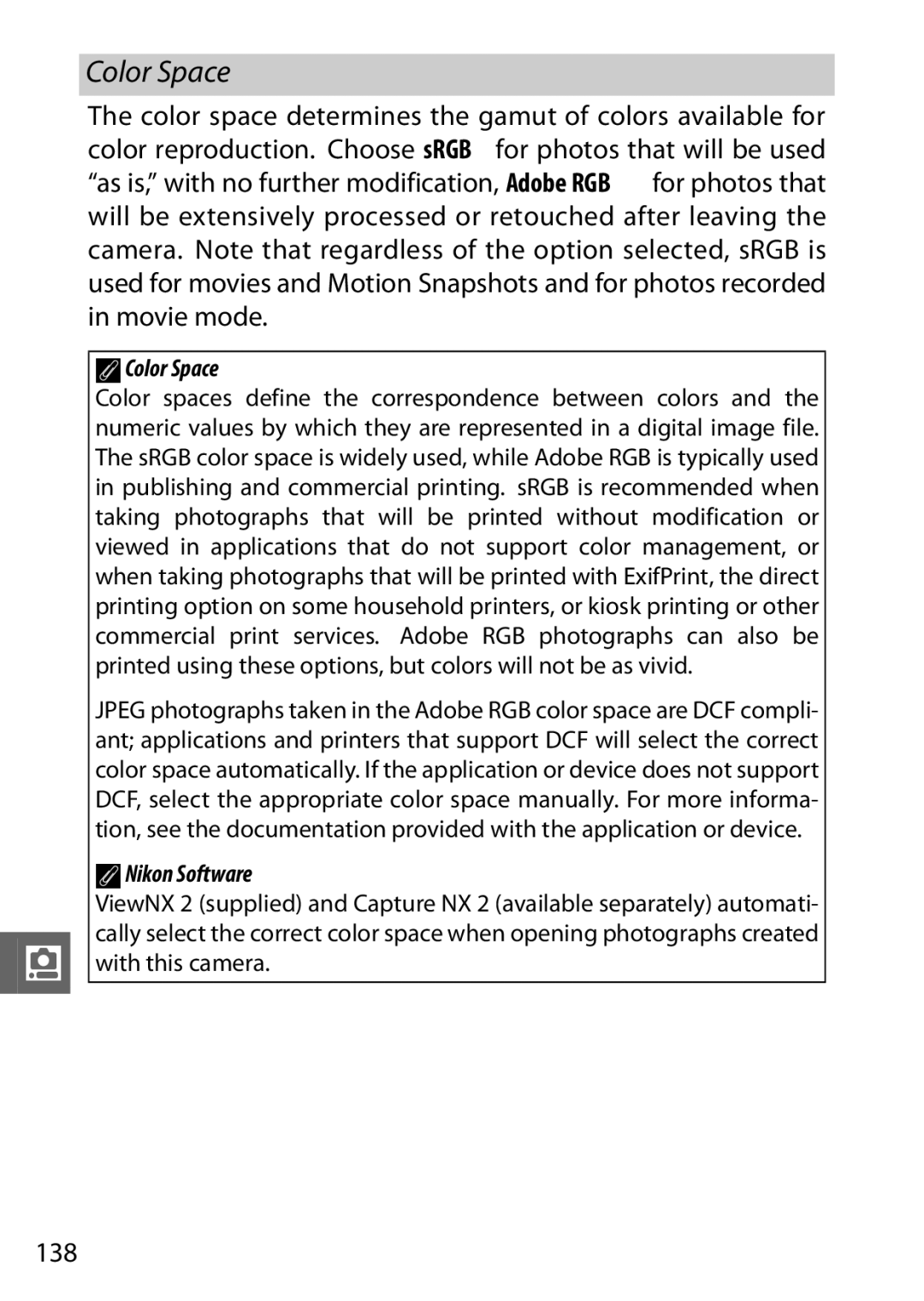 Nikon V1 manual 138, AColor Space, ANikon Software 