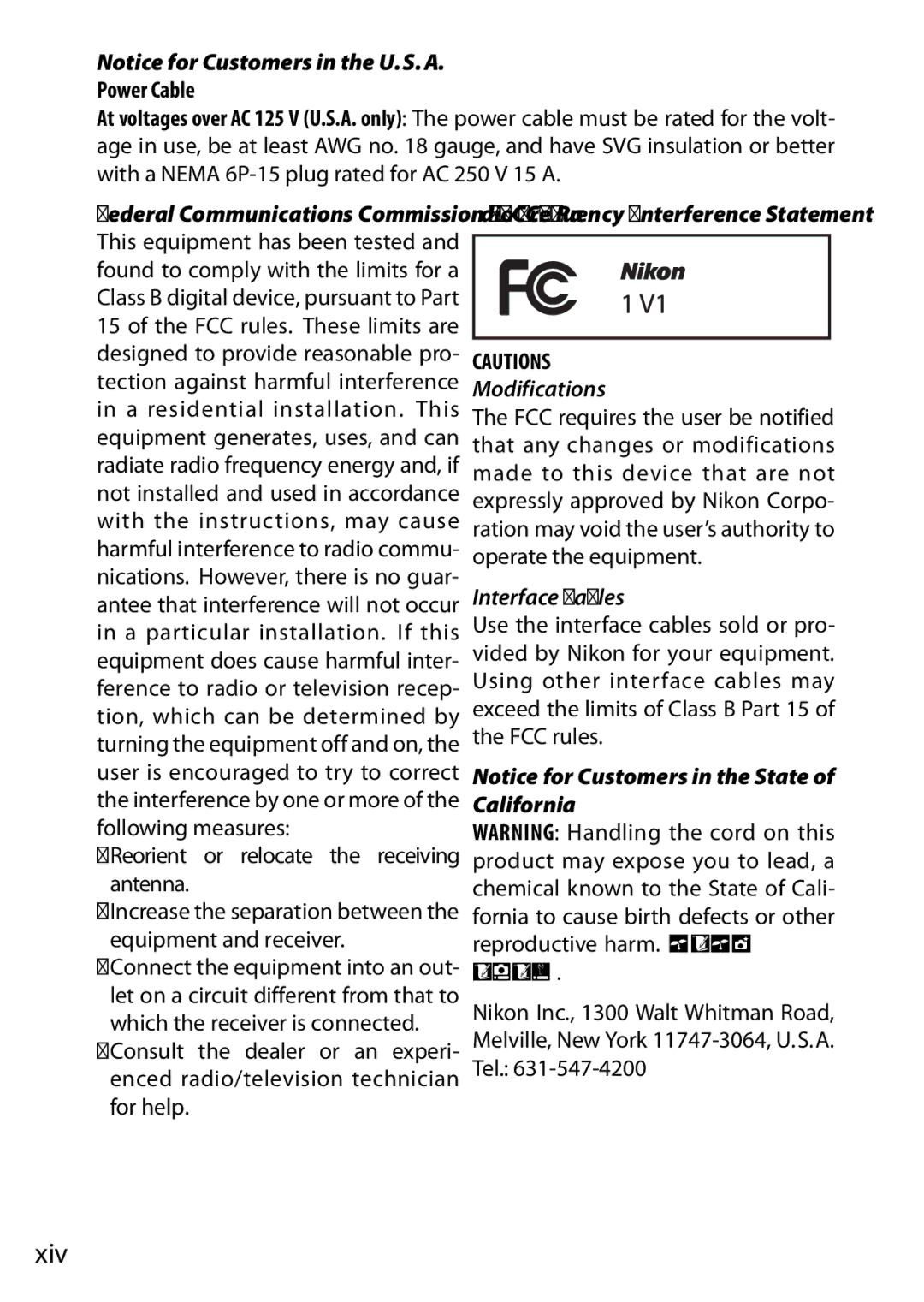 Nikon V1 manual Xiv, Power Cable 