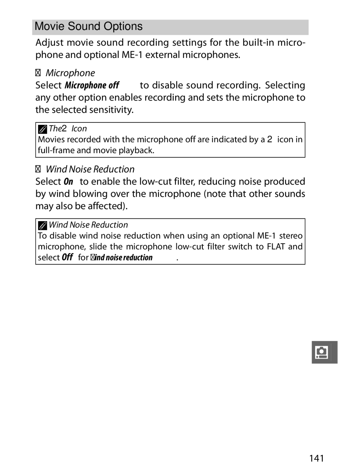 Nikon V1 manual Movie Sound Options, Microphone, Wind Noise Reduction, 141 