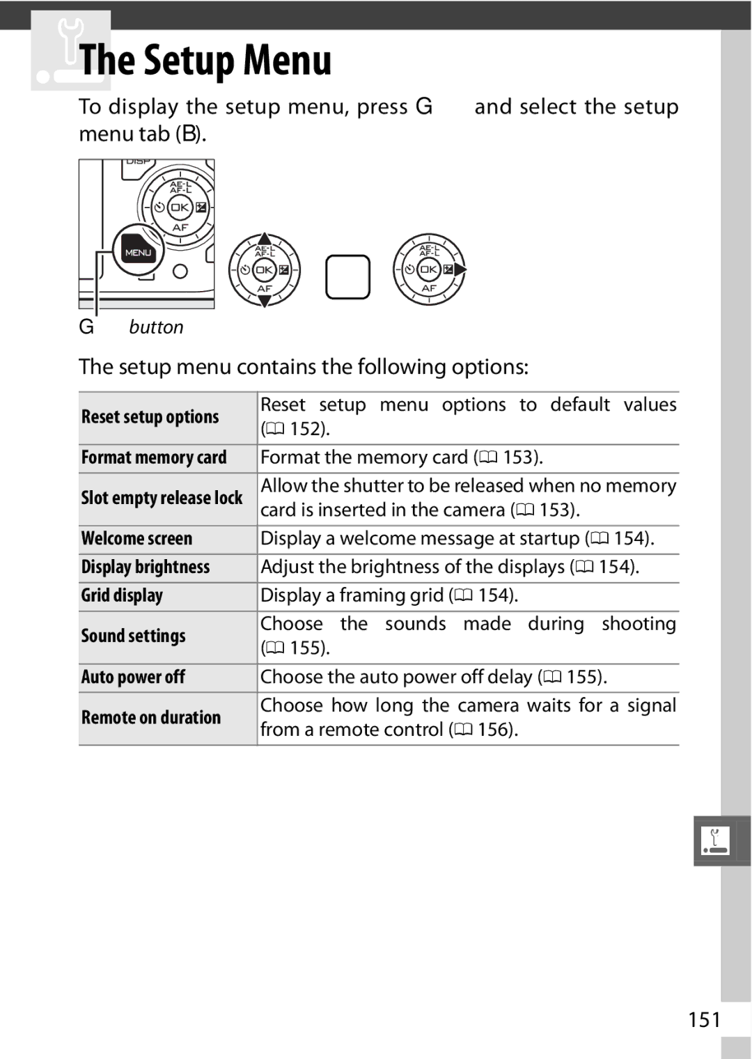 Nikon V1 manual Setup menu contains the following options, 151 