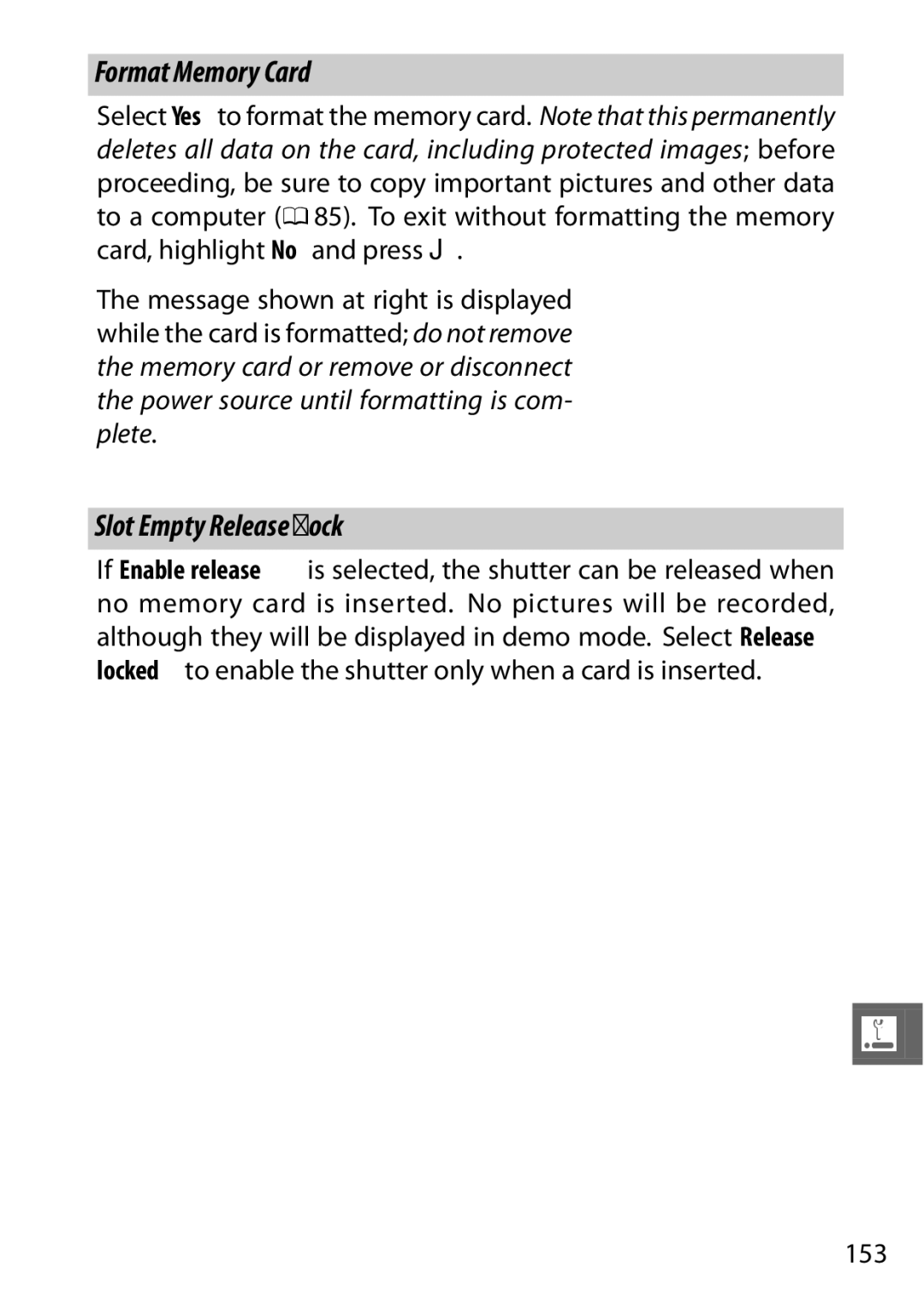 Nikon V1 manual Format Memory Card, Slot Empty Release Lock, 153 