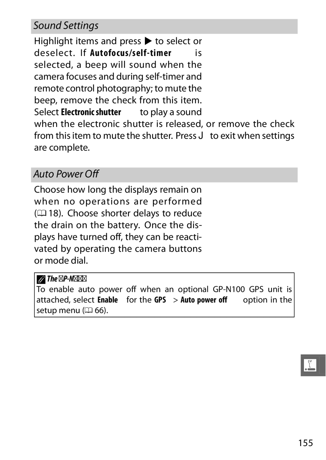 Nikon V1 manual Sound Settings, Auto Power Off, 155, AThe GP-N100 