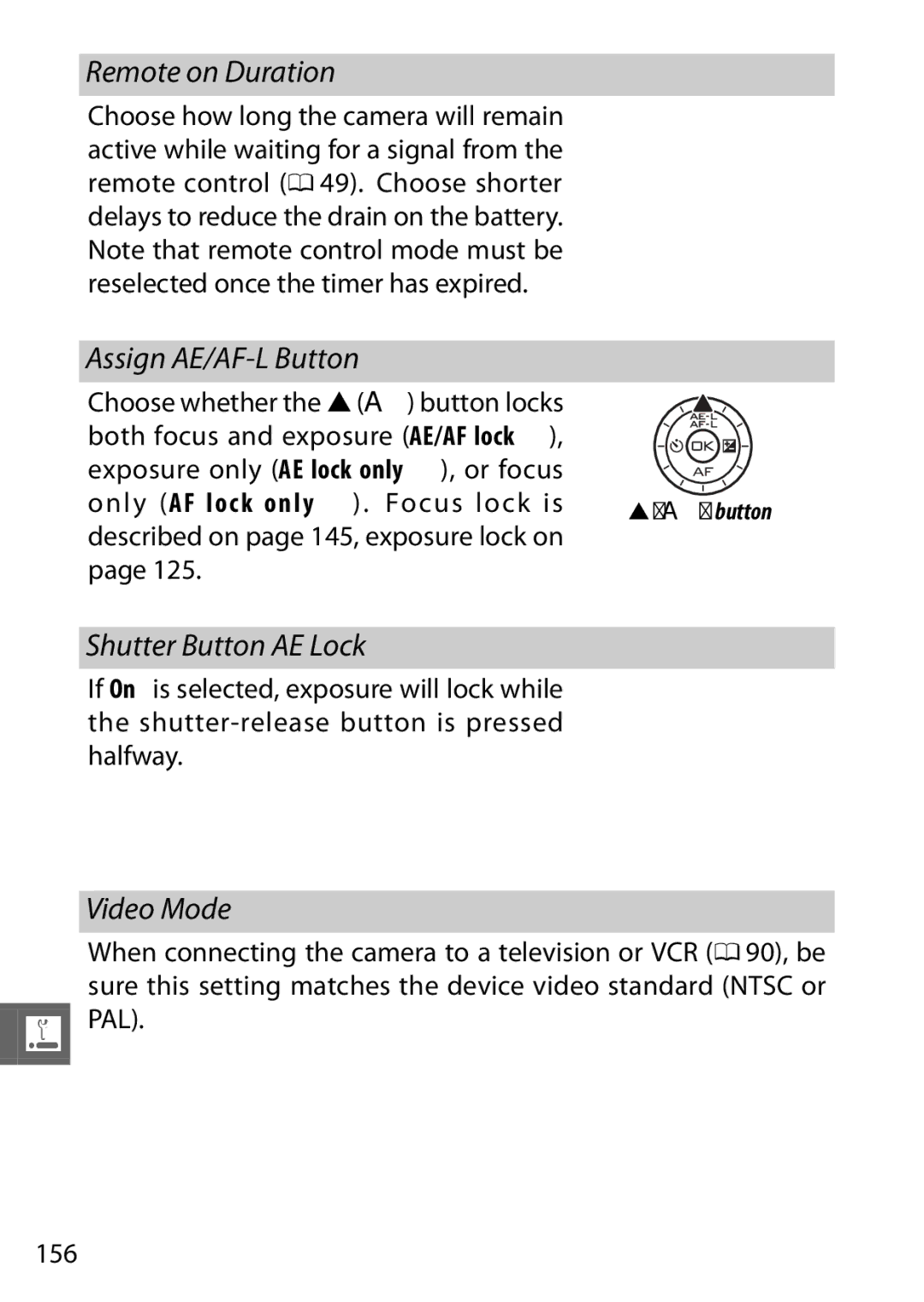 Nikon V1 manual Remote on Duration, Assign AE/AF-L Button, Shutter Button AE Lock, Video Mode 