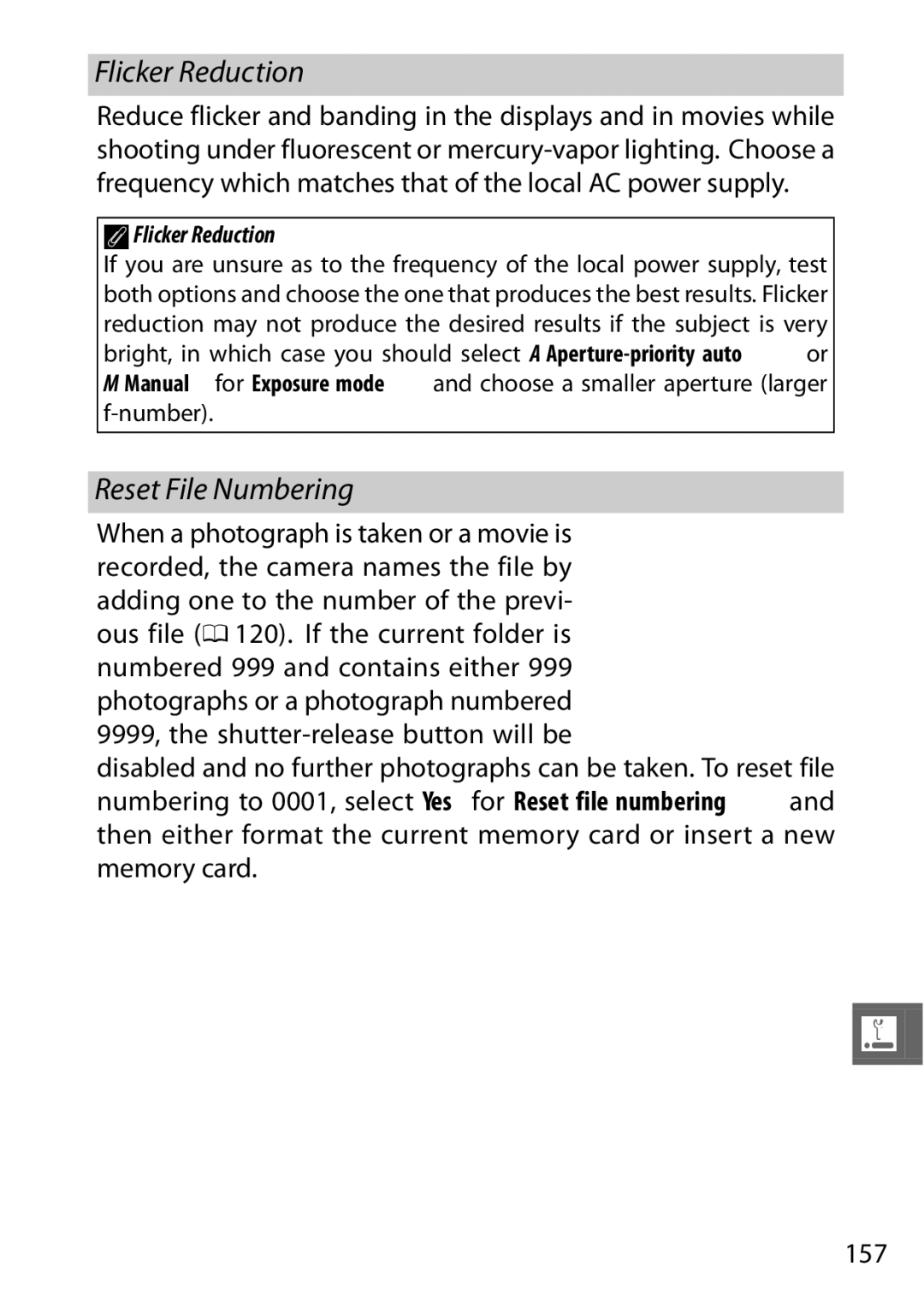 Nikon V1 manual Reset File Numbering, AFlicker Reduction 