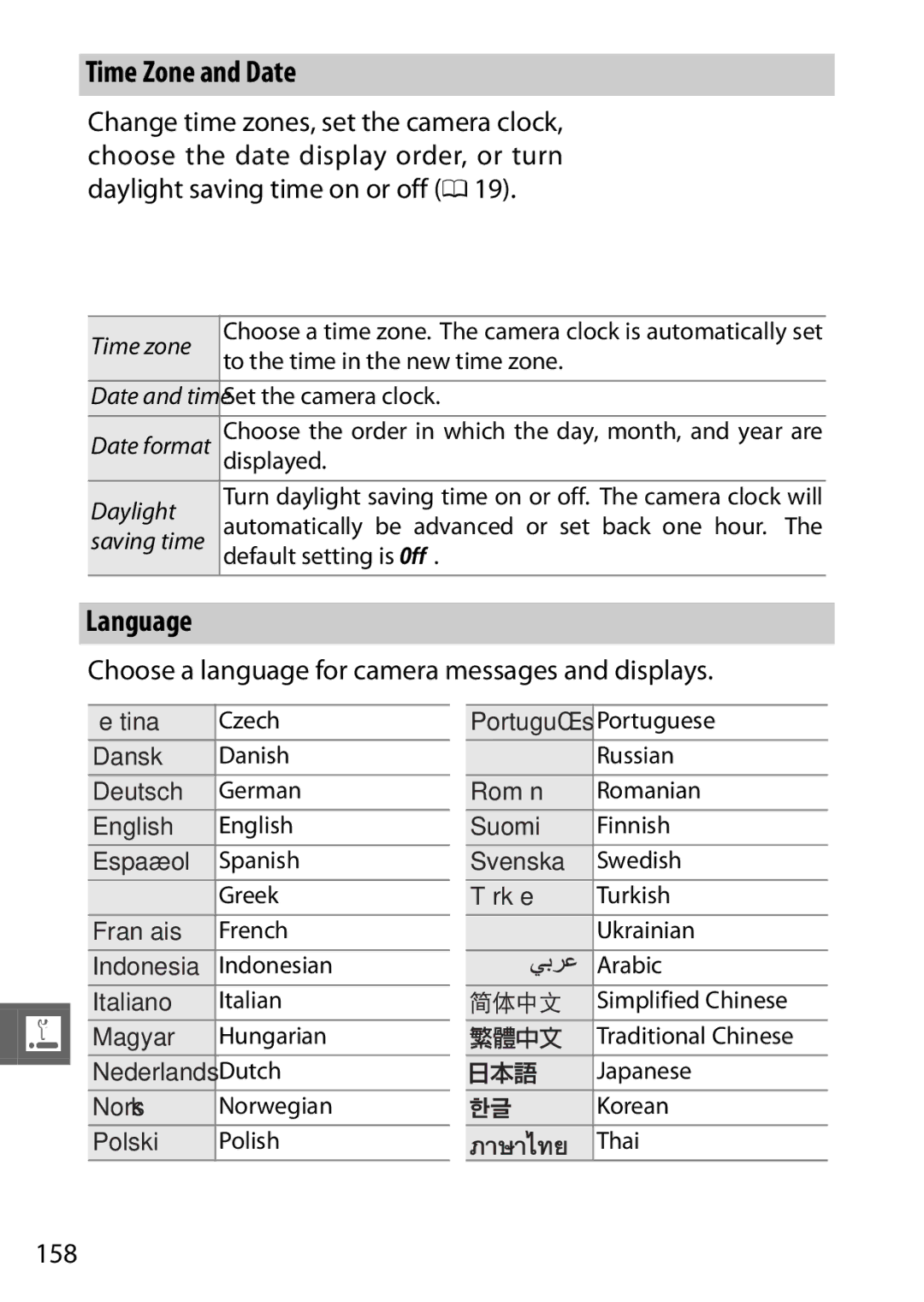 Nikon V1 manual Time Zone and Date, Language, Choose a language for camera messages and displays, 158, Daylight 