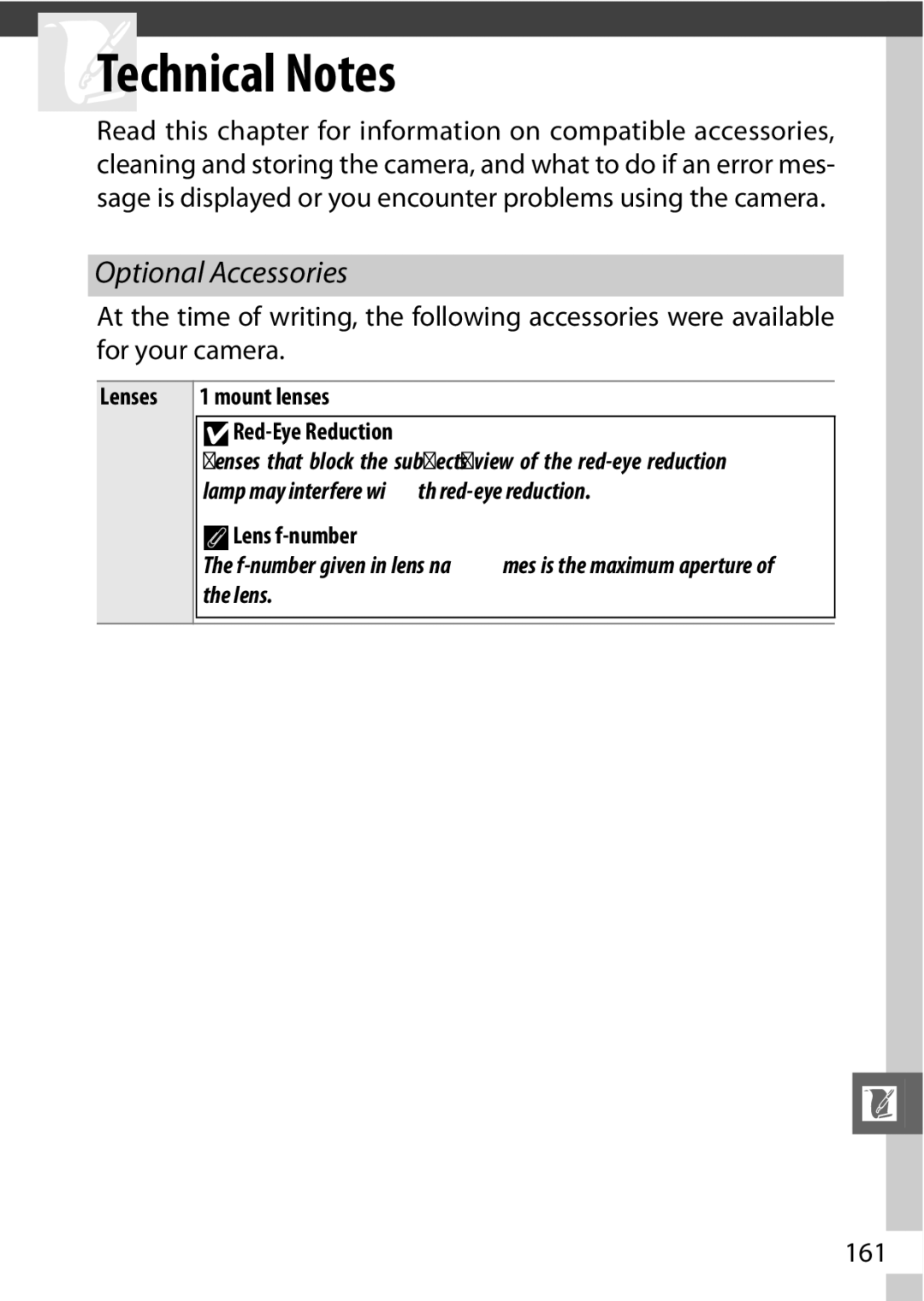 Nikon V1 manual Optional Accessories, 161, Mount lenses, DRed-Eye Reduction, ALens f-number 